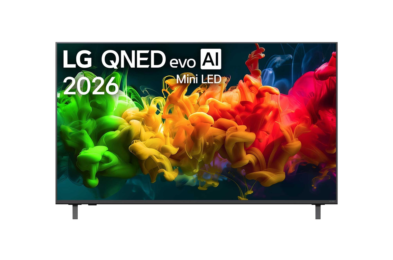 The front view of LG QNED evo AI QNED80 Mini LED, released in 2026, fills the screen with vivid, fluid flows of multicolored, paint-like motion, as richly layered colors spread smoothly across the display.