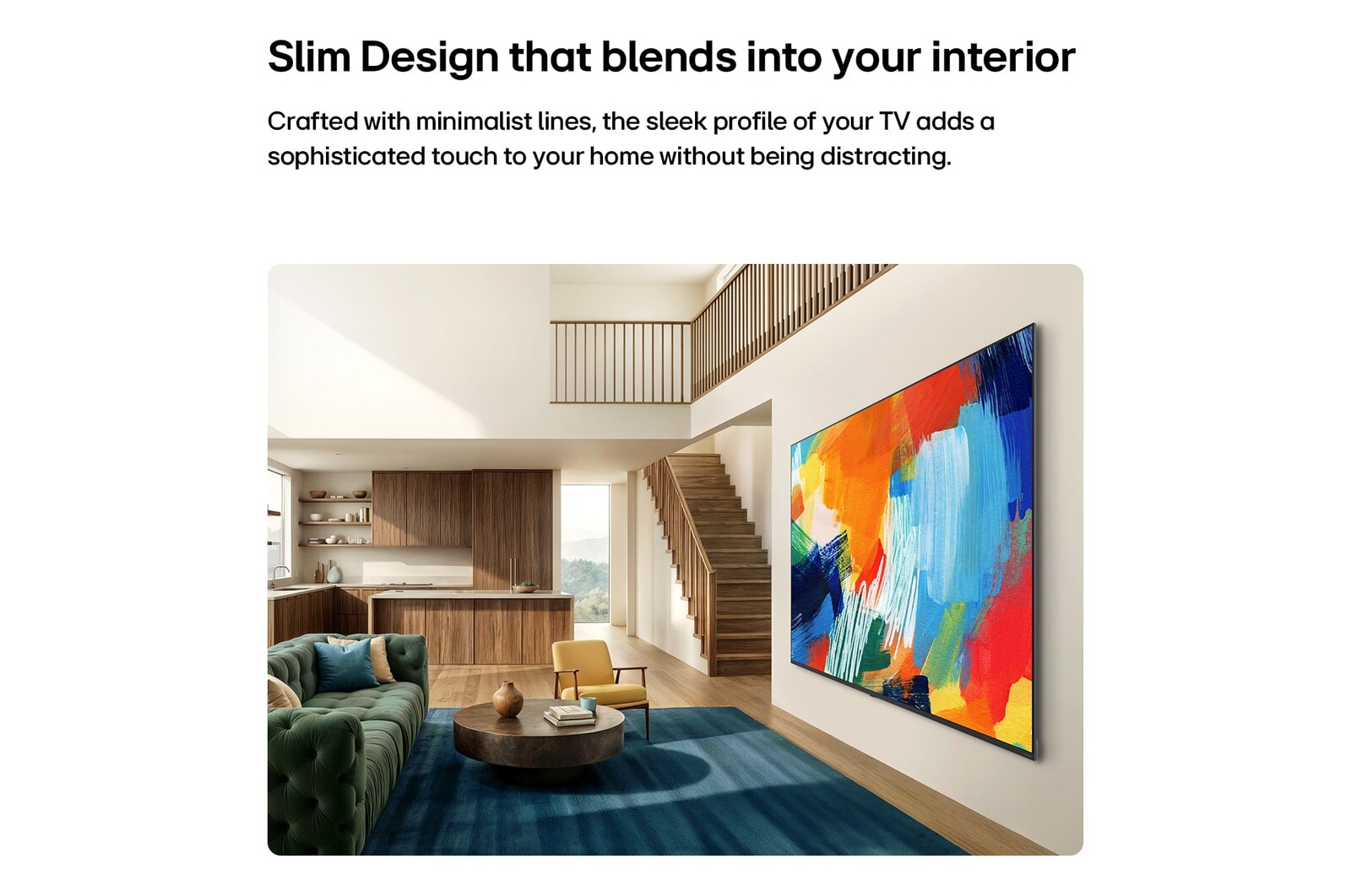 LG QNED evo AI QNED80 Mini LED with a Slim Design is wall-mounted in a bright, open living space, featuring a sleek profile that blends seamlessly into the interior while displaying a bold, colorful abstract artwork.