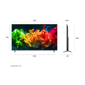 LG QNED evo AI QNED80 Mini LED shown in front and side views highlights a 75-inch display with a 1667 mm-wide screen, 962 mm screen height, 1026 mm height with stand, a 66.8 mm profile depth, and a stand footprint measuring 1456 by 361 mm.