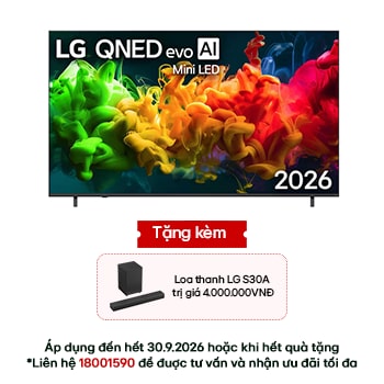 Hình ảnh mặt trước của TV 4K LG QNED evo AI QNED80 Mini LED 2026 85 inch 85QNED80BSA