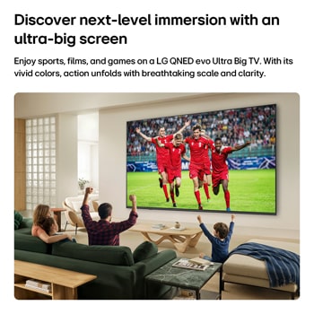 LG QNED evo AI QNED80 Mini LED Ultra Big TV is wall-mounted in a bright living room, showing a soccer celebration with vivid colors and refined picture quality across a wide screen, as a family seated on sofas cheers together.