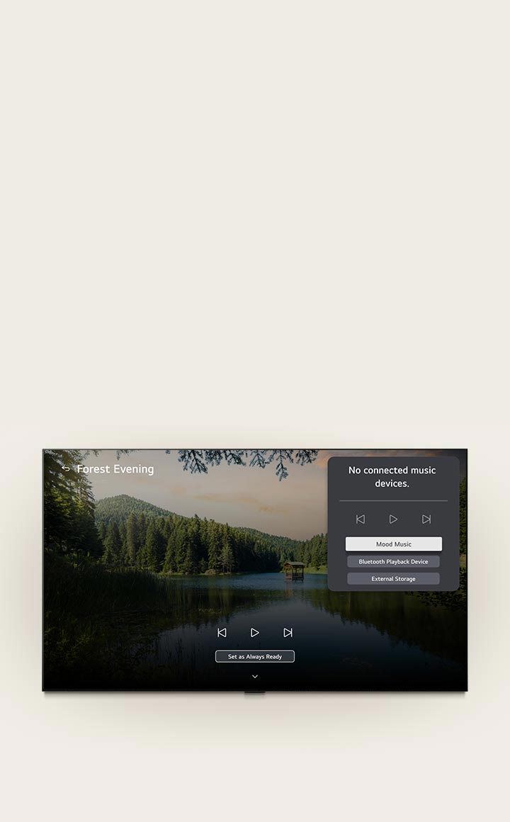 LG QNED evo AI QNED82 Mini LED cùng BGM và Music Lounge hiển thị cảnh “Forest Evening” – hồ nước trong rừng lúc hoàng hôn trên màn hình, kèm bảng giao diện Music Lounge để điều khiển nhạc theo tâm trạng, phát qua Bluetooth và các tùy chọn điều khiển khác.