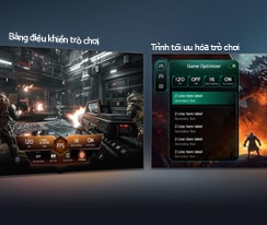 LG QNED evo AI QNED82 Mini LED với Game Dashboard và Optimizer hiển thị hai màn hình game đặt cạnh nhau cùng menu điều chỉnh trên màn hình, cho phép thay đổi tần số quét, độ trễ và chế độ hình ảnh trong thời gian thực.