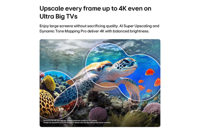 LG QNED evo AI QNED82 Mini LED with AI Picture Pro and Dynamic Tone Mapping Pro shows an underwater scene of a sea turtle gliding above coral and fish, as AI recognizes and upscales each frame up to 4K resolution.