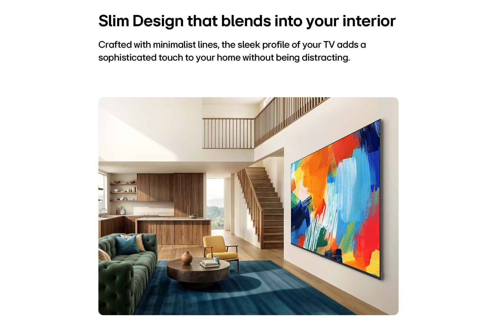 LG QNED evo AI QNED82 Mini LED with a Slim Design is wall-mounted in a bright, open living space, featuring a sleek profile that blends seamlessly into the interior while displaying a bold, colorful abstract artwork.