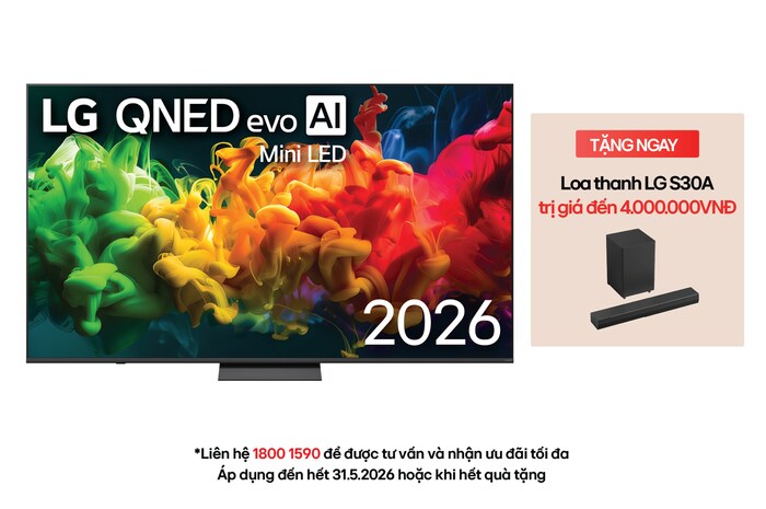 The front view of the LG QNED evo AI QNED82 Mini LED, released in 2026, displays vivid, fluid bursts of dense clouds of color on screen, featuring Dynamic QNED Color Pro, Mini LED, an α8 AI Processor 4K Gen3, webOS, and an 85-inch display.