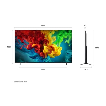 LG QNED evo AI QNED82 Mini LED shown in front and side views highlights an 85-inch display with a 1889 mm-wide screen, 1087 mm screen height, 1149 mm height with stand, a 67 mm profile depth, and a stand footprint measuring 1565 by 362 mm.