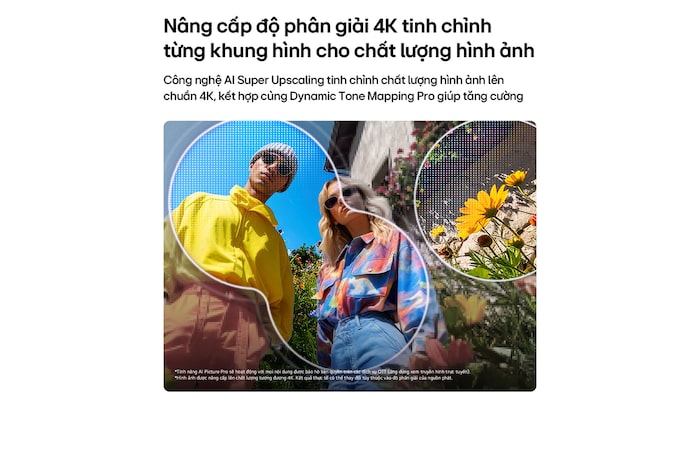 LG QNED evo AI QNED82 Mini LED with AI Picture Pro and Dynamic Tone Mapping Pro shows a low-angle outdoor lifestyle scene with two people among vivid flowers, as AI recognizes and upscales each frame to 4K for clearer texture and detail.