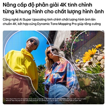 LG QNED evo AI QNED82 Mini LED with AI Picture Pro and Dynamic Tone Mapping Pro shows a low-angle outdoor lifestyle scene with two people among vivid flowers, as AI recognizes and upscales each frame to 4K for clearer texture and detail.