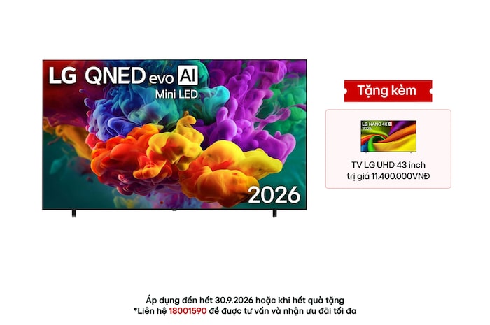 The front view of LG QNED evo AI QNED85 Mini LED, released in 2026, fills the screen with vivid, fluid bursts of multicolored, paint-like motion, as dense clouds of color blend seamlessly across the display.