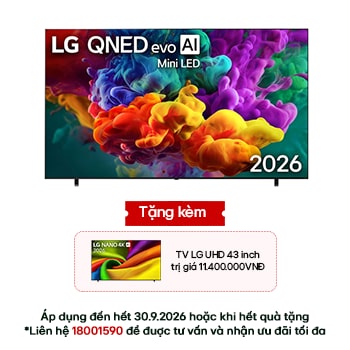 The front view of LG QNED evo AI QNED85 Mini LED, released in 2026, fills the screen with vivid, fluid bursts of multicolored, paint-like motion, as dense clouds of color blend seamlessly across the display.