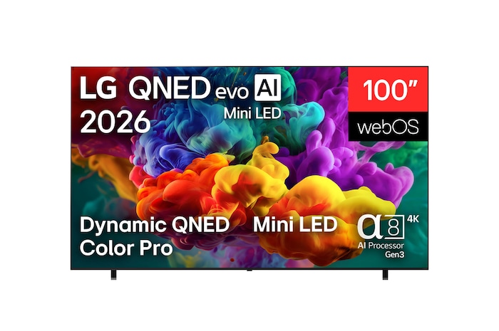 The front view of the LG QNED evo AI QNED85 Mini LED, released in 2026, displays vivid, fluid bursts of dense clouds of color on screen, featuring Dynamic QNED Color Pro, Mini LED, an α8 AI Processor 4K Gen3, webOS, and a 100-inch display.