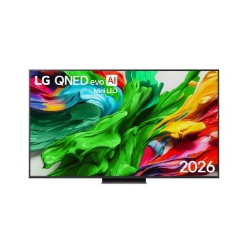 The front view of LG QNED evo AI QNED85 Mini LED, released in 2026, fills the screen with vivid, fluid bursts of multicolored, paint-like motion, as dense clouds of color blend seamlessly across the display.