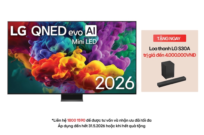 The front view of LG QNED evo AI QNED85 Mini LED, released in 2026, fills the screen with vivid, fluid bursts of multicolored, paint-like motion, as dense clouds of color blend seamlessly across the display.