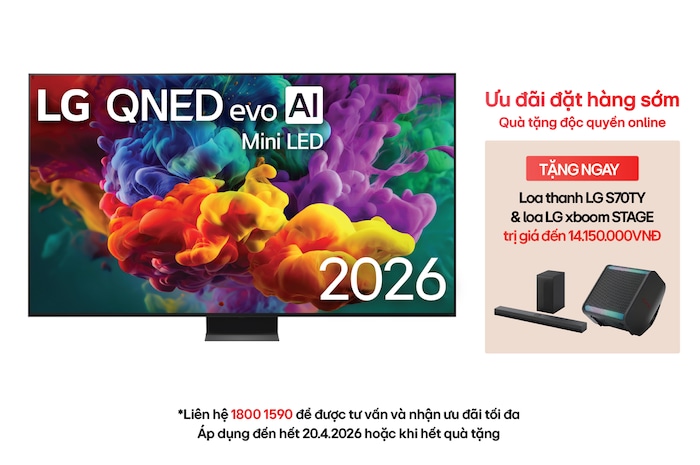 The front view of LG QNED evo AI QNED85 Mini LED, released in 2026, fills the screen with vivid, fluid bursts of multicolored, paint-like motion, as dense clouds of color blend seamlessly across the display.