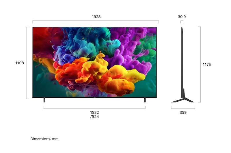 LG QNED evo AI QNED85 Mini LED shown in front and side views highlights an 86-inch display with a 1928 mm-wide screen, 1108 mm screen height, 1175 mm height with stand, a 30.9 mm slim profile depth, and a stand footprint measuring 1582/524 by 359 mm.