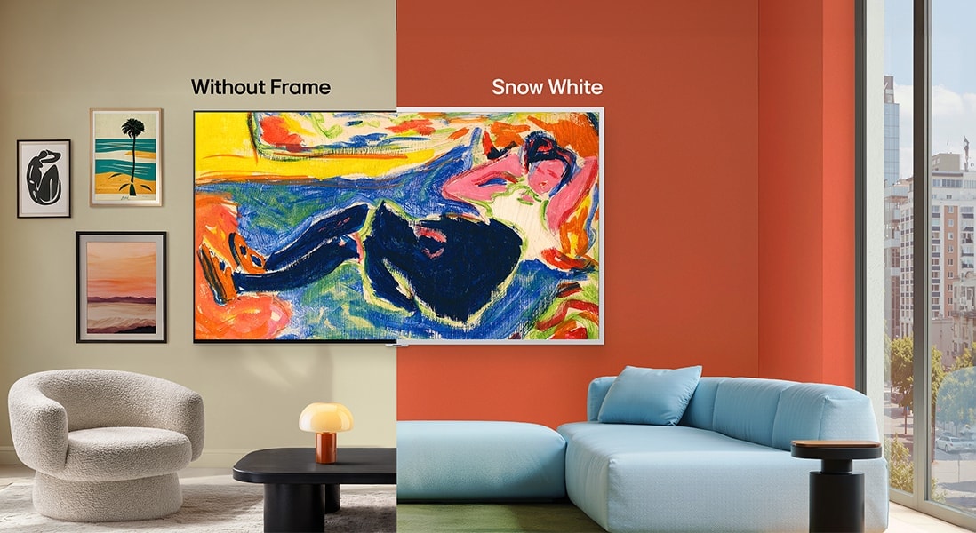 LG Gallery TV AI with frame LX7 ART TV sở hữu Attachable Gallery Frame được thể hiện trong chế độ xem chia đôi màn hình có và không có tùy chọn khung viền Snow White, cho thấy cách hoán đổi khung viền có thể biến đổi bầu không khí của không gian sống.