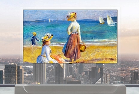 LG OLED evo AI W6 Wallpaper TV được trưng bày trước cửa sổ kịch trần, hiển thị một bức tranh đóng khung, tạo cảm giác như tác phẩm nghệ thuật đang lơ lửng trong không gian sống.