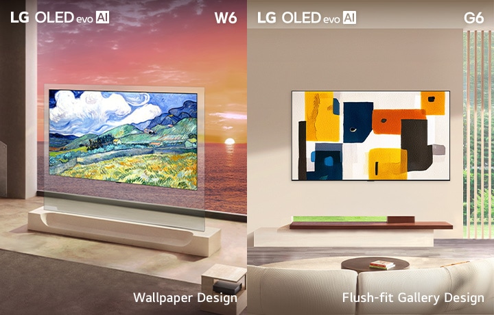 Dòng sản phẩm LG ART TV bao gồm LG OLED evo AI W6 Wallpaper TV và LG OLED evo AI G6, nổi bật với thiết kế Wallpaper Design và Flush-fit Gallery Design, biến màn hình TV thành những tác phẩm nghệ thuật chuẩn phòng trưng bày.