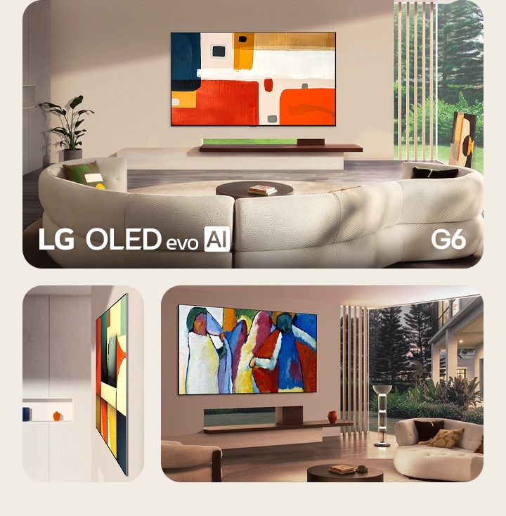 LG OLED evo AI G6 sở hữu thiết kế Flush-fit Gallery Design được thể hiện trong ba chế độ xem, làm nổi bật mặt bên mỏng cùng khả năng lắp sát tường liền mạch, đồng thời trình chiếu các tác phẩm nghệ thuật trừu tượng táo bạo hòa hợp hoàn hảo với không gian sống hiện đại.