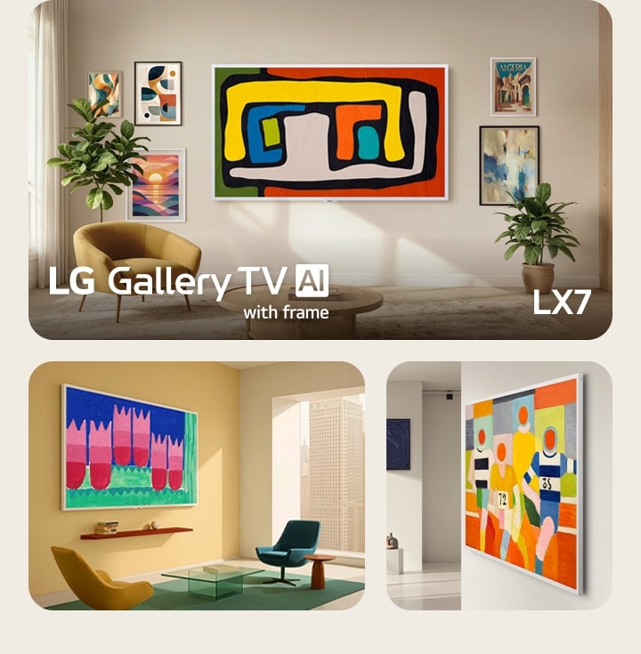 LG Gallery TV AI with frame LX7 ART TV sở hữu Gallery Design with Attachable Frame được thể hiện trong ba chế độ xem, làm nổi bật khung viền Snow White và các tác phẩm nghệ thuật sống động hòa hợp với các không gian sống khác nhau.