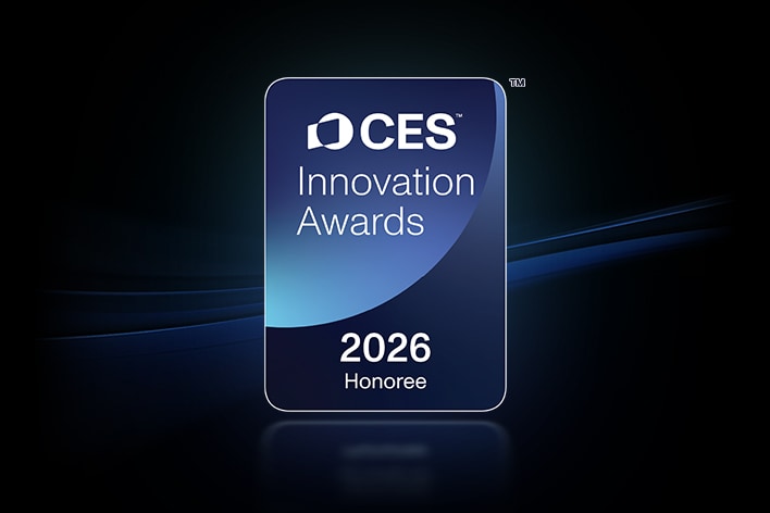 LG Micro RGB evo TV hiển thị huy hiệu 2026 CES Innovation Awards Honoree trong hạng mục Hình ảnh.