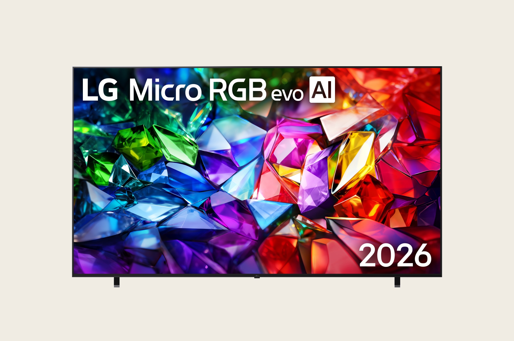 LG Micro RGB evo AI MRGB95, ra mắt năm 2026, có màn hình 100 inch và viền đen mỏng trên chân thấp, với bố cục tinh thể sống động với các mặt đỏ, xanh lá cây và xanh dương rõ nét lấp đầy màn hình.