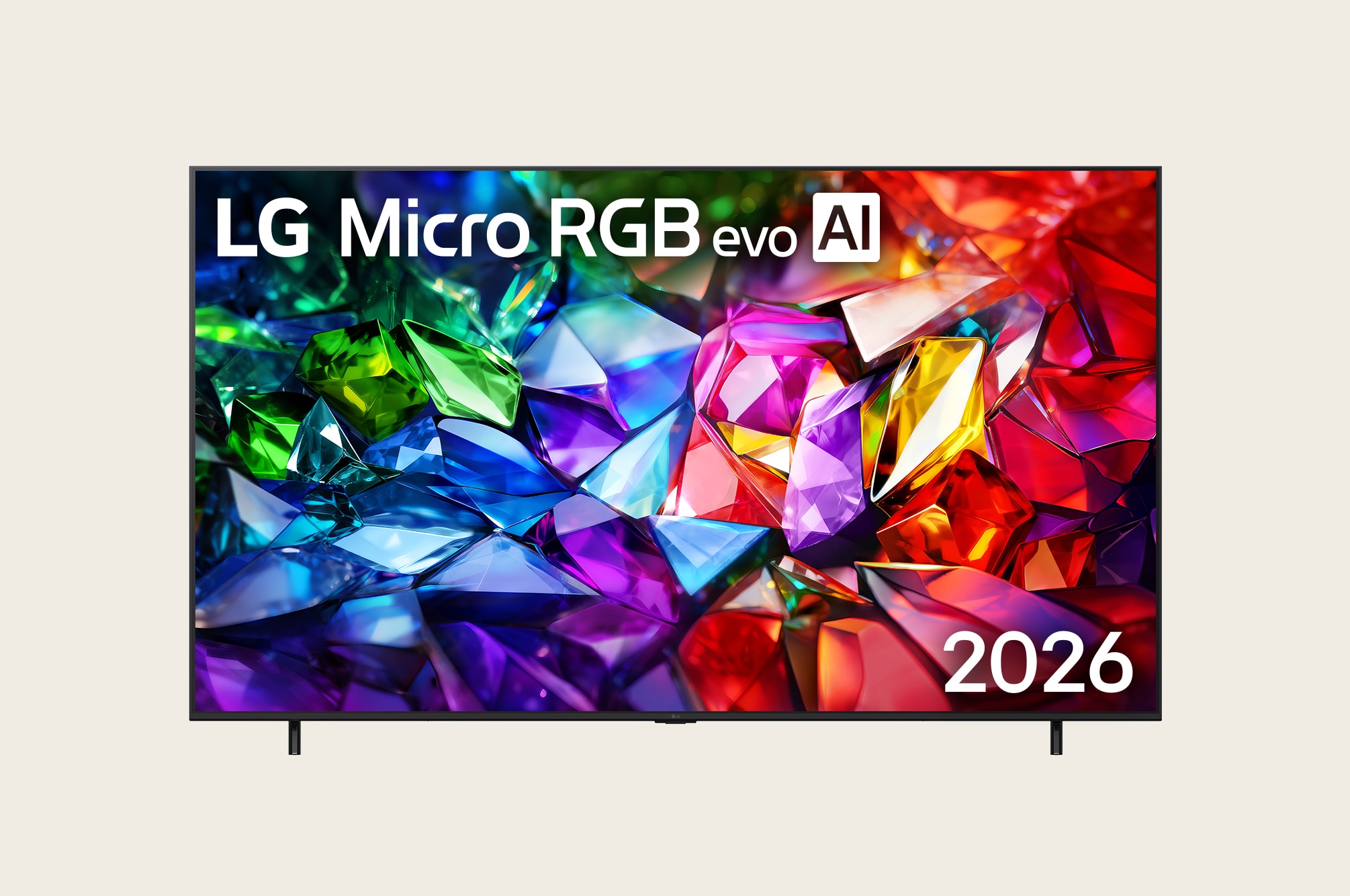 LG Micro RGB evo AI MRGB95, ra mắt năm 2026, có màn hình 100 inch và viền đen mỏng trên chân thấp, với bố cục tinh thể sống động với các mặt đỏ, xanh lá cây và xanh dương rõ nét lấp đầy màn hình.