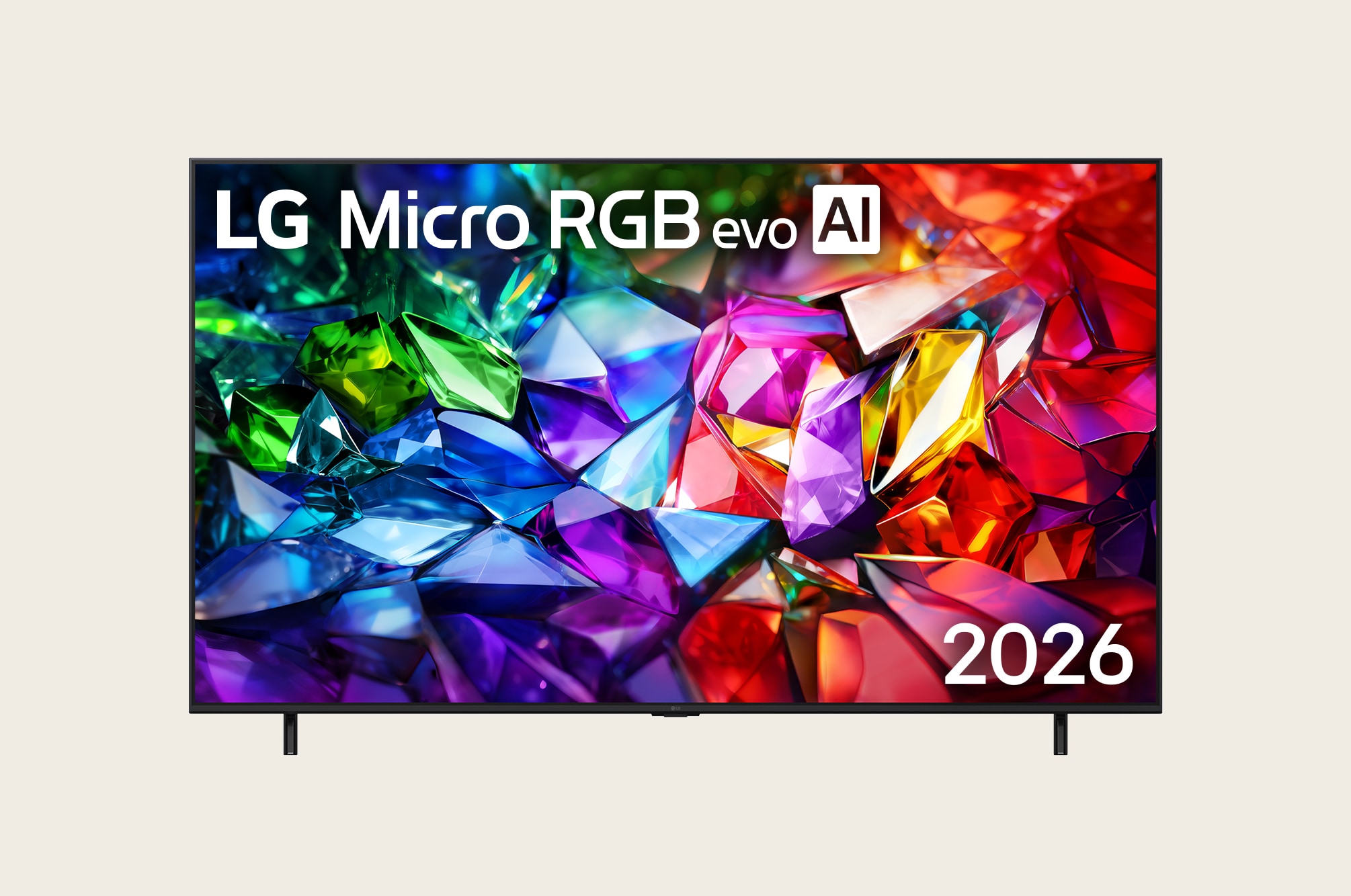 LG Micro RGB evo AI MRGB95, ra mắt năm 2026, có màn hình 100 inch và viền đen mỏng trên chân thấp, với bố cục tinh thể sống động với các mặt đỏ, xanh lá cây và xanh dương rõ nét lấp đầy màn hình.
