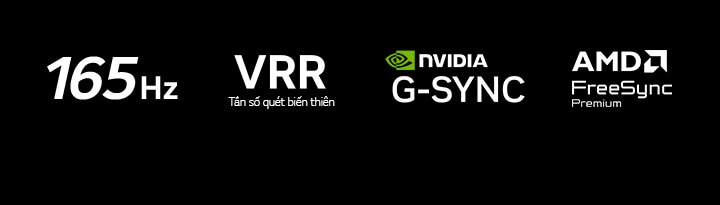 Logo 165Hz, VRR (Tần số quét biến thiên), NVIDIA G-SYNC và AMD FreeSync Premium xuất hiện trên nền tối.