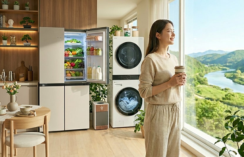 LG refrigerator open with fresh produce in a bright natural wood kitchen, beside a large window with plants and soft daylight.	