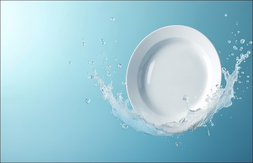 A white plate with splashing water to illustrate LG dishwashers' efficient cleaning using less water and energy	