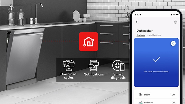 LG dishwasher connected to the ThinQ app enabling smart control and monitoring energy usage