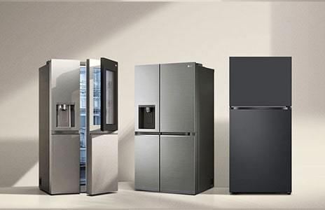 Four LG refrigerator models lined up from left to right: a silver Side-by-Side fridge with Door-in-Door feature, a four-door Multi-Door fridge with a dispenser, a dark grey Top Freezer fridge, and a slim silver 1-Door fridge.
