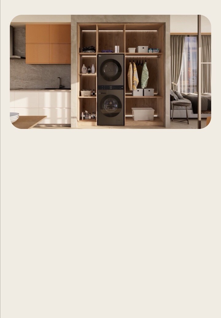 LG WashTower™ stacked washer and dryer showing AI DD™ and centralized controls.