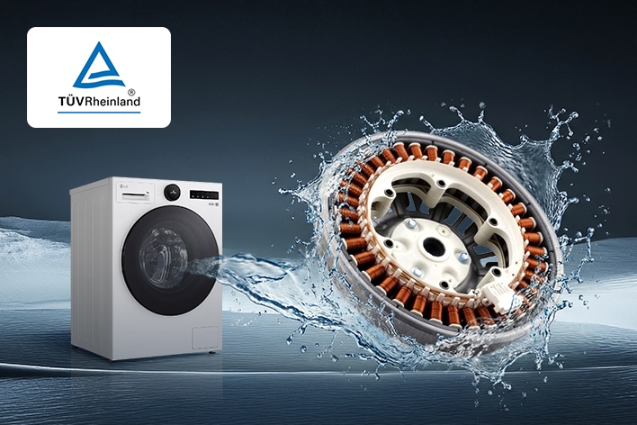 LG washing machine with Inverter DirectDrive motor splashing through water, TÜV Rheinland certified for durability	