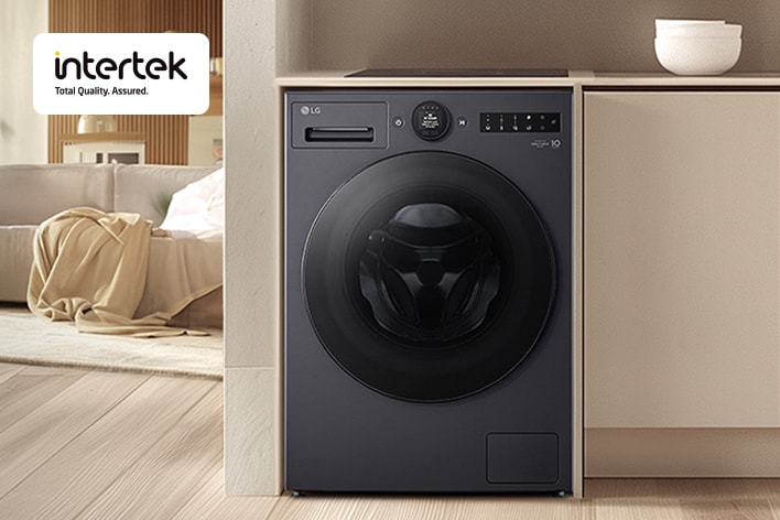 LG front-load washing machine built under a modern kitchen counter, independently tested by Intertek for performance	