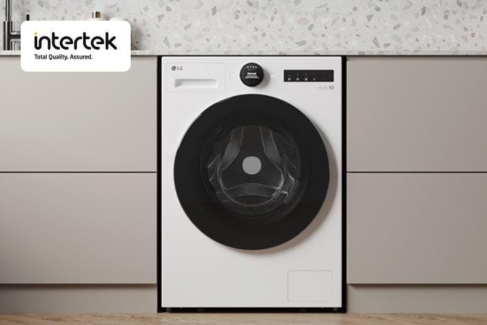 LG dryer built under a modern kitchen counter, independently tested by Intertek for performance and safety	