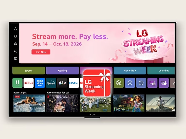 webOS Home UI featuring an LG Streaming Week banner and app icon, with streaming apps and recommended content displayed on screen.	