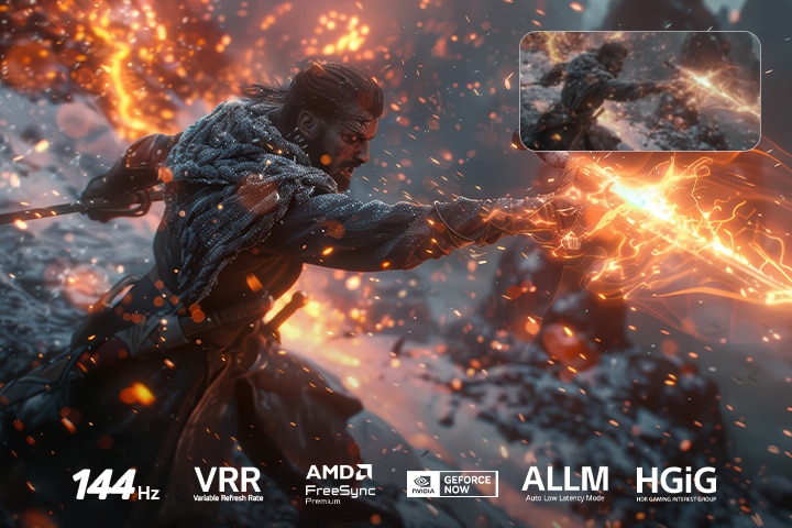 LG NANO 4K UHD AI NU85 for Ultimate Gameplay shows an intense sword-fighting action scene with a comparison inset highlighting smoother motion, while supporting 144Hz, VRR,  AMD FreeSync, ALLM, HGiG, and GeForce NOW.