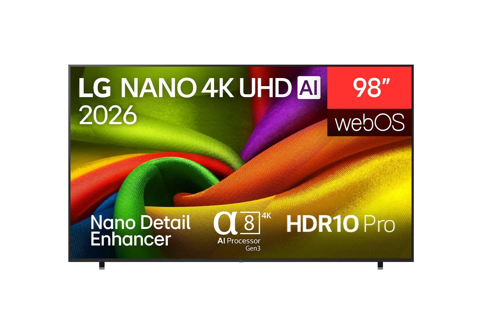 Front view of 98 inch LG NANO 4K UHD AI NU85 Smart TV 2026 98NU850B6LB
