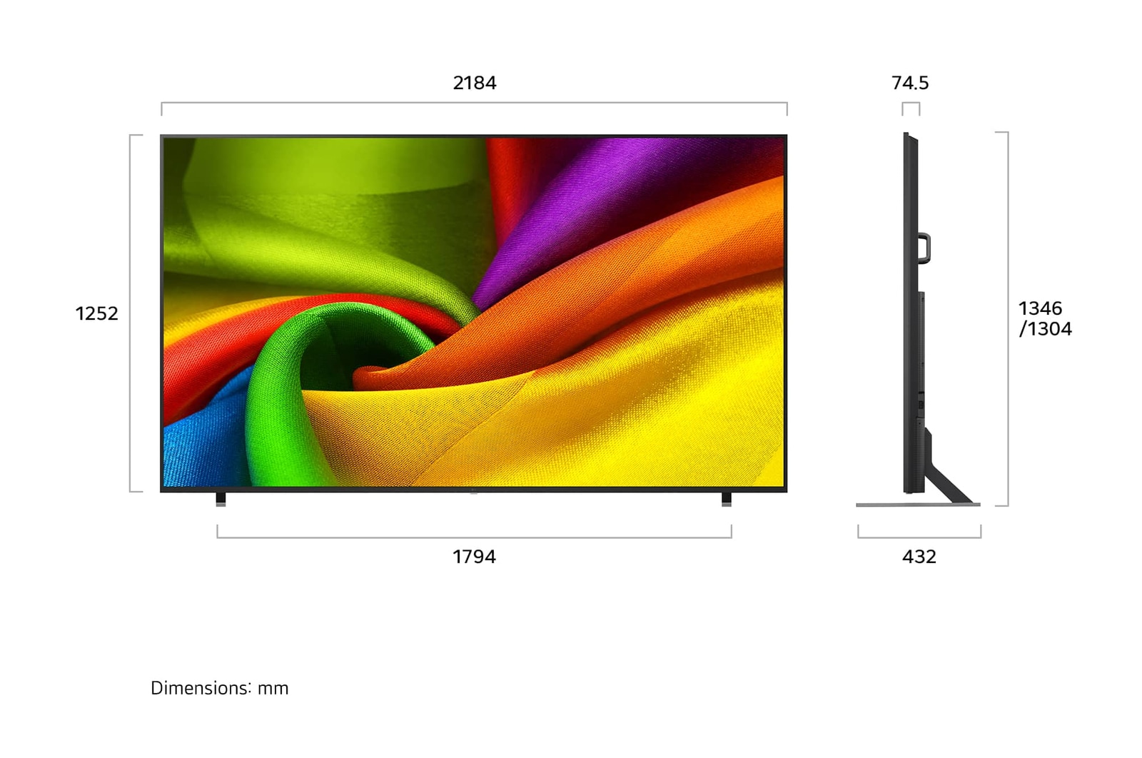 LG NANO 4K UHD AI NU85 shown in front and side views highlights a 98-inch display with a 2184 mm-wide screen, 1252 mm screen height, 1346/1304 mm height with stand, a 74.5 mm profile depth, and a stand footprint measuring 1794 by 432 mm. 