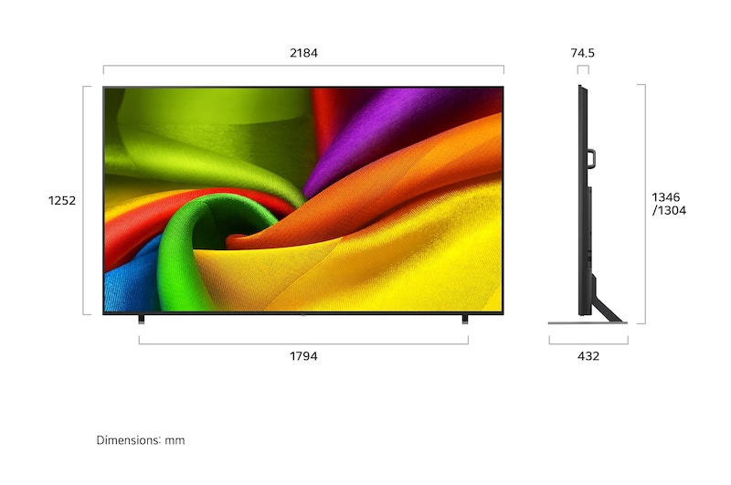 LG NANO 4K UHD AI NU85 shown in front and side views highlights a 98-inch display with a 2184 mm-wide screen, 1252 mm screen height, 1346/1304 mm height with stand, a 74.5 mm profile depth, and a stand footprint measuring 1794 by 432 mm. 