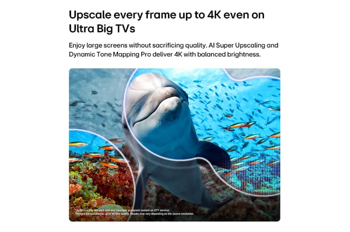 LG NANO 4K UHD AI NU85 with AI Super Upscaling and Dynamic Tone Mapping Pro shows an underwater scene of a dolphin swimming among coral and fish, as AI recognizes and upscales each frame up to 4K resolution.