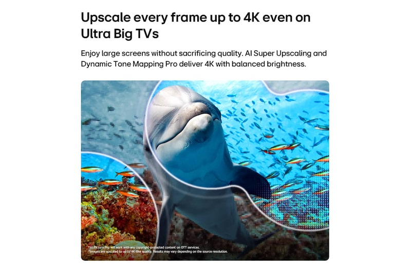 LG NANO 4K UHD AI NU85 with AI Super Upscaling and Dynamic Tone Mapping Pro shows an underwater scene of a dolphin swimming among coral and fish, as AI recognizes and upscales each frame up to 4K resolution.