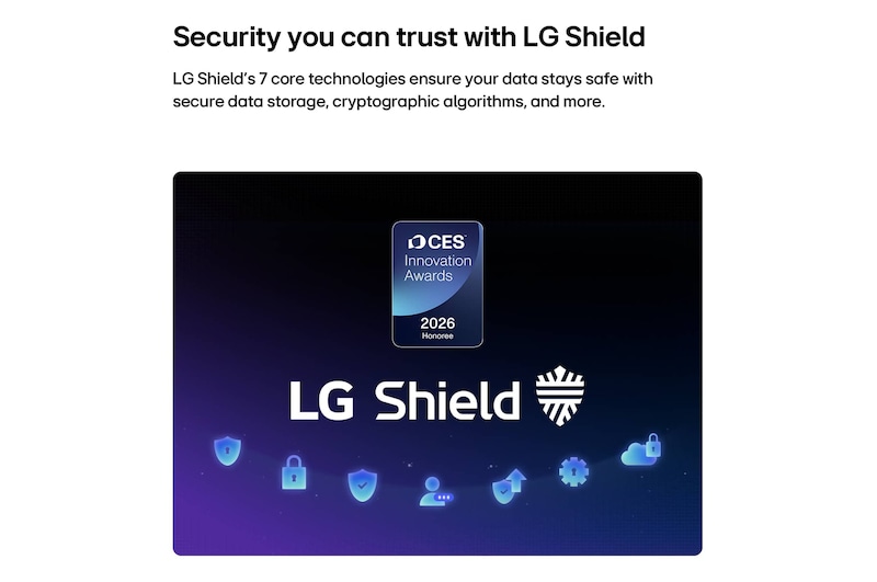 LG Shield, applied to LG QNED evo AI QNED85, is shown with an LG Shield logo at the center, security icons below, and a 2026 CES Innovation Awards Honoree badge above, representing data and system protection.