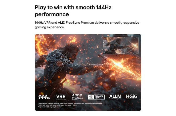 LG NANO 4K UHD AI NU85 for Ultimate Gameplay shows an intense sword-fighting action scene with a comparison inset highlighting smoother motion, while supporting 144Hz, VRR, AMD FreeSync, ALLM, HGiG, and GeForce NOW.