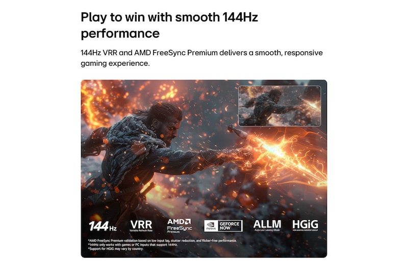 LG NANO 4K UHD AI NU85 for Ultimate Gameplay shows an intense sword-fighting action scene with a comparison inset highlighting smoother motion, while supporting 144Hz, VRR, AMD FreeSync, ALLM, HGiG, and GeForce NOW.