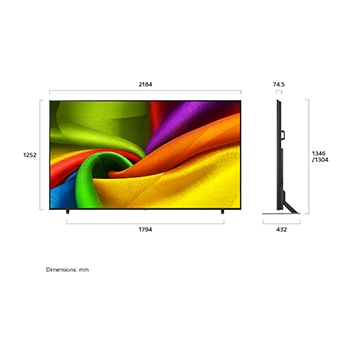 LG NANO 4K UHD AI NU85 shown in front and side views highlights a 98-inch display with a 2184 mm-wide screen, 1252 mm screen height, 1346/1304 mm height with stand, a 74.5 mm profile depth, and a stand footprint measuring 1794 by 432 mm. 