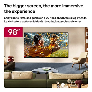 LG NANO 4K UHD AI NU85 98-inch Ultra Big TV is wall-mounted in a living space, showing a sports victory scene with confetti and a trophy, emphasizing vivid color, clear detail, and an immersive sense of scale.